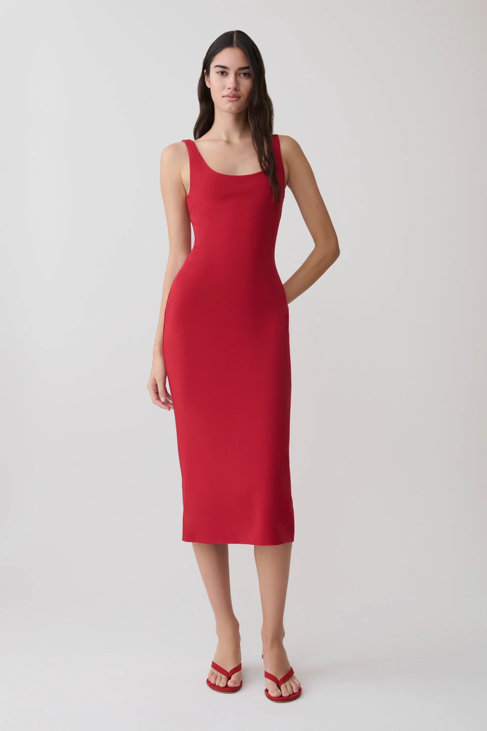 Allyra Scoop Stretch Crepe Midi Dress - Red | MESHKI US