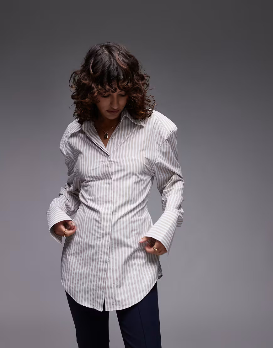 ASOS DESIGN cinch waist shirt with shoulder pads in brown stripe | ASOS (Global)