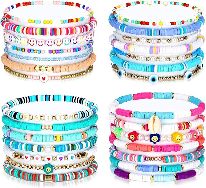 Yaomiao 28 Pcs 4 Set Heishi Surfer Bracelets Set Colorful Preppy Smile Evil Eye Beaded Stretch Br... | Amazon (US)