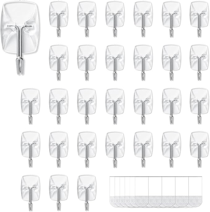 30 Small Hooks+40 Removable Strips, Clear Wire Utility Hooks with Adhesive Strips Damage-Free, No... | Amazon (US)