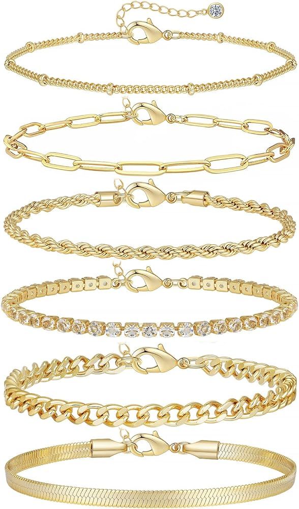 6Pcs Gold Ankle Bracelets for Women, 14K Gold Anklets for Teen Girls, Waterproof Cuba Paperclip Ankl | Amazon (US)