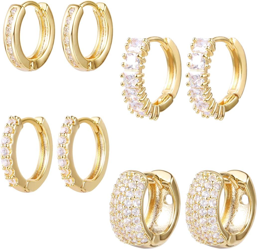 4 Pairs 14K Gold Plated Hoop Earrings Set for Women Girls Hypoallergenic Gold Huggie Hoop Earrings C | Amazon (US)