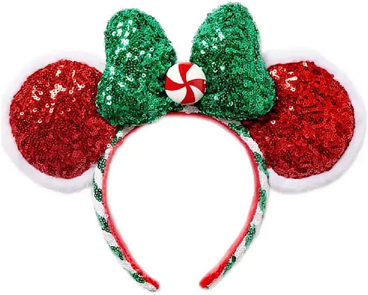 Disney Parks Christmas Holiday Red and Green Sequined Minnie Mouse Ears with Peppermint Bow Toppe... | Amazon (US)