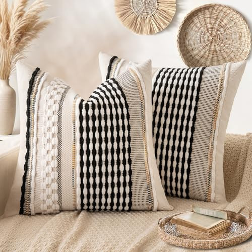 ANRODUO Pack of 2 Boho Decorative Throw Pillow Covers 18x18 Farmhouse Cushion Case Striped Chenille Pillow Cases Square Pillow Covers Accent Neutral Pillowcase for Sofa Couch Bed, Black-White Stripe | Amazon (US)