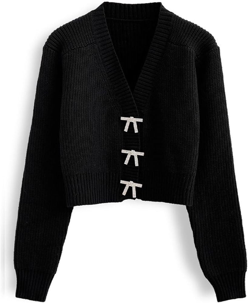 CHICWISH Women Crop Cardigan Sweaters Bowknot Brooch Button Knit Cardigans Open Front Long Sleeve... | Amazon (US)