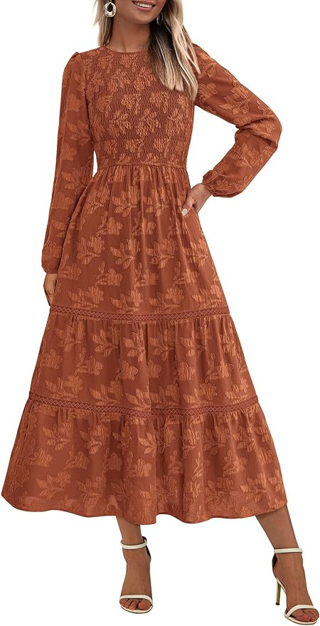 PRETTYGARDEN Long Sleeve Dress for Women 2025 Fall Elegant Modest Floral Boho Smocked Flowy Weddi... | Amazon (US)