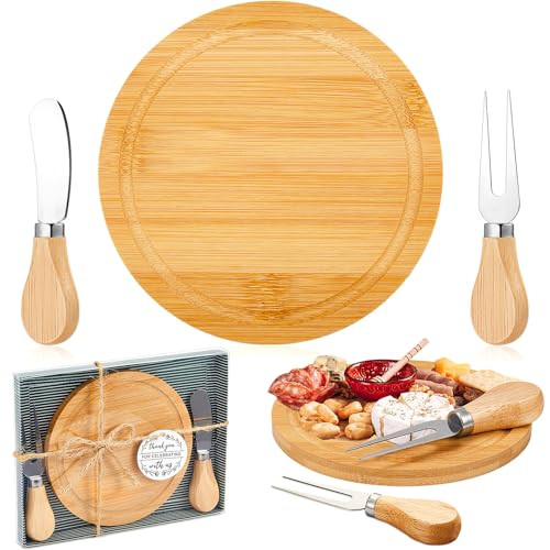 Maxcheck 1 Set Bridal Shower Baby Prizes Cheese Board Set Wood Round Mini Charcuterie Board with Knives and Forks Bulk Thank You Tags with Bridal Shower Gift Box for Guests Wedding Party (Bamboo) | Amazon (US)
