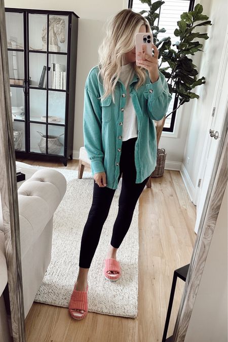 Comfy and cute pop of color outfit! Amazon + Walmart finds!

Size up on shacket: wearing L - on sale right now! The slippers would make such a cute gift idea for under $20!

Gifts for her. Amazon fashion. Slippers. Oversized Shacket. 

#LTKGiftGuide #LTKunder100 #LTKunder50