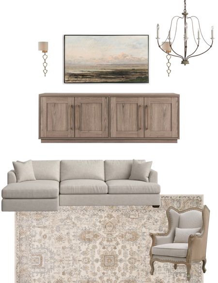 Neutral living room, family room, den, French chandelier, sconce lighting, wayfair, Etsy, area rug, sectional, bergere chair, wingback chair, arm chair, media console, tv console, Samsung frame tv art, 

#LTKhome #LTKFind