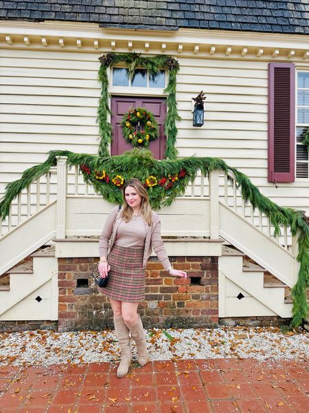 Winter preppy outfit- tan sweater set and plaid skirt with tan boots 

#LTKmidsize #LTKSeasonal #LTKHoliday