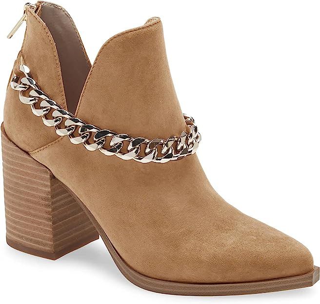 Womens Cut Out Ankle Boots Gold Chain Chunky Heel Back Zipper Almond Toe Western Booties | Amazon (US)