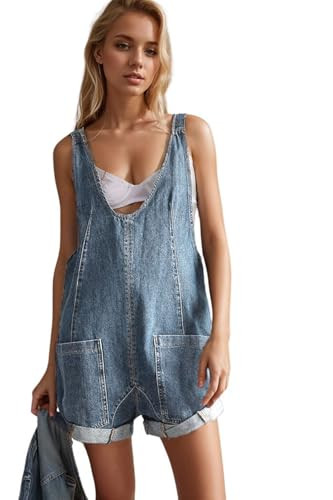 CHARTOU Women Casual Denim Short Overalls Rolled Cuff Barrel Shorts Jumpsuit Rompers | Amazon (US)