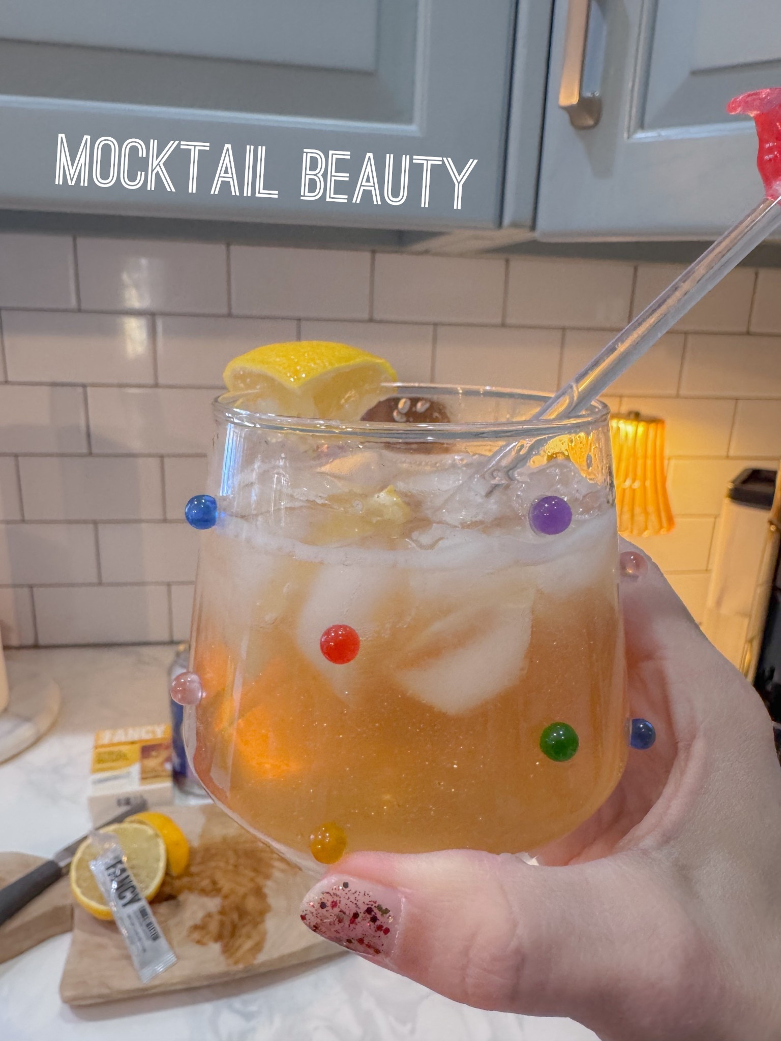 Mocktails but make it fun and fancy. Mine is kombucha with edible glitter in a fun glass. Glass is Terrain.

#LTKfoodie #LTKselfcare #LTKHome