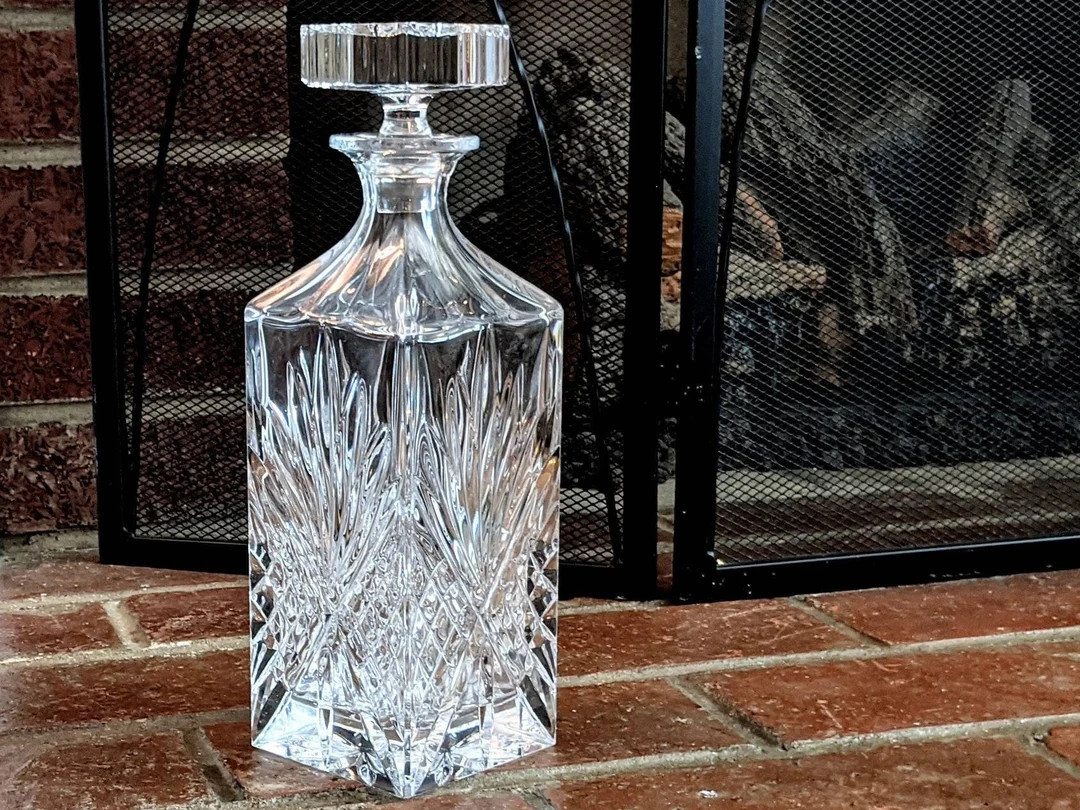 Vintage lead crystal decanter 11-inch with intricate detailing & matching square stopper. Tall vi... | Etsy (US)