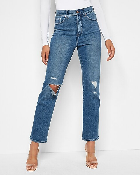 Super High Waisted Medium Wash Ripped Modern Straight Jeans | Express