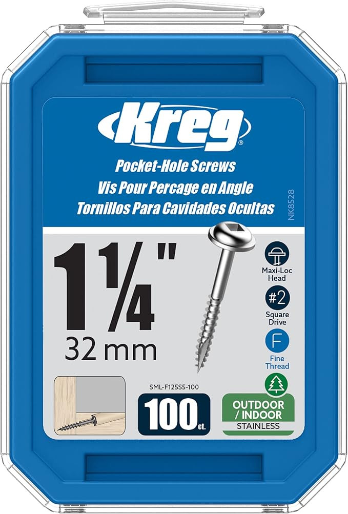 Kreg SML-F125S5-100 Stainless Steel Pocket Screws, 1-1/4 Inch #7 Fine Thread, Maxi-Loc Head (100 ... | Amazon (US)