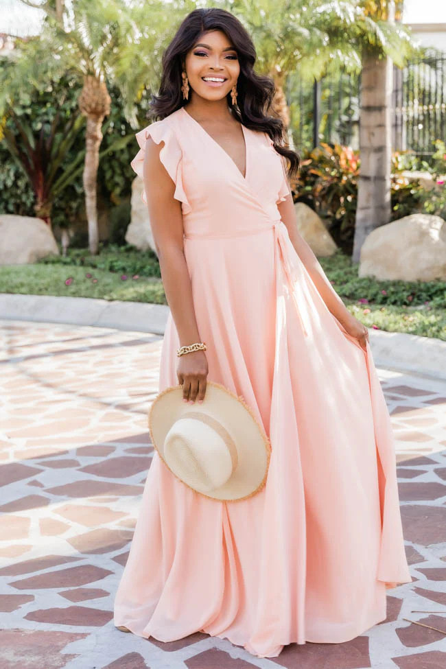 Sweet Magnolias Wrap Maxi Peach Dress FINAL SALE | Pink Lily