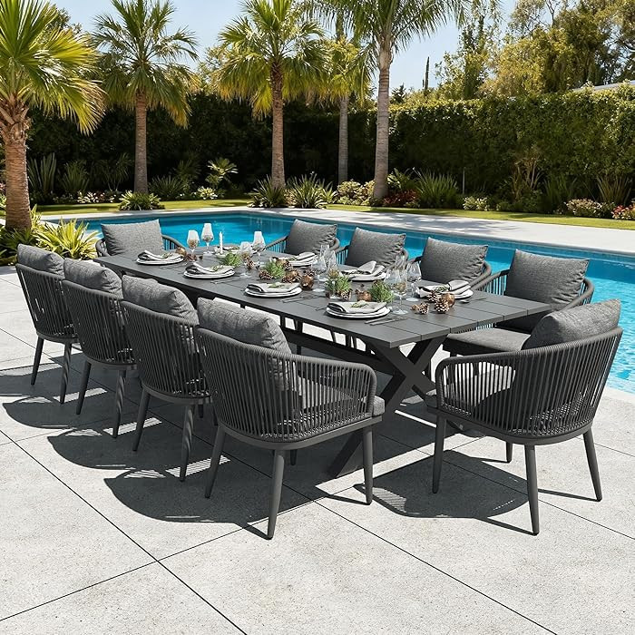 LayinSun 11 Pieces Outdoor Patio Dining Set, Aluminium Rectangular Dining Table and Wicker Rattan... | Amazon (US)
