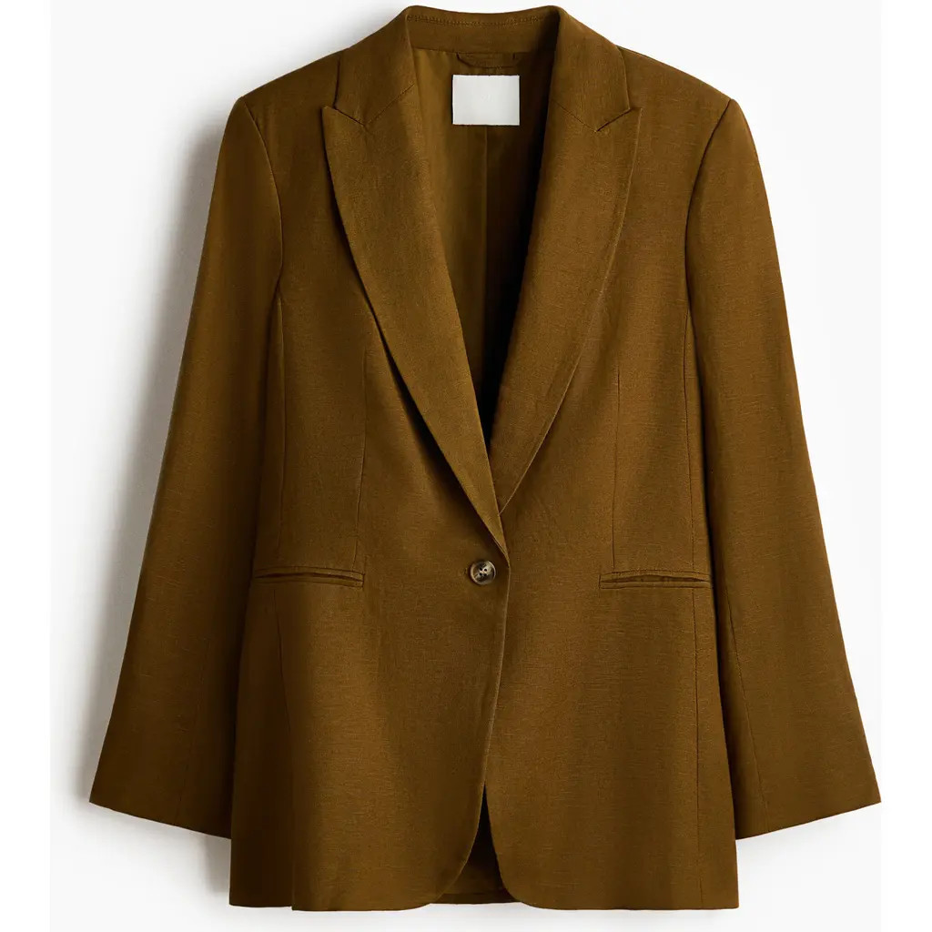 H&M Linen-blend Blazer in Dark Khaki Green at Nordstrom, Size Xx-Small | Nordstrom