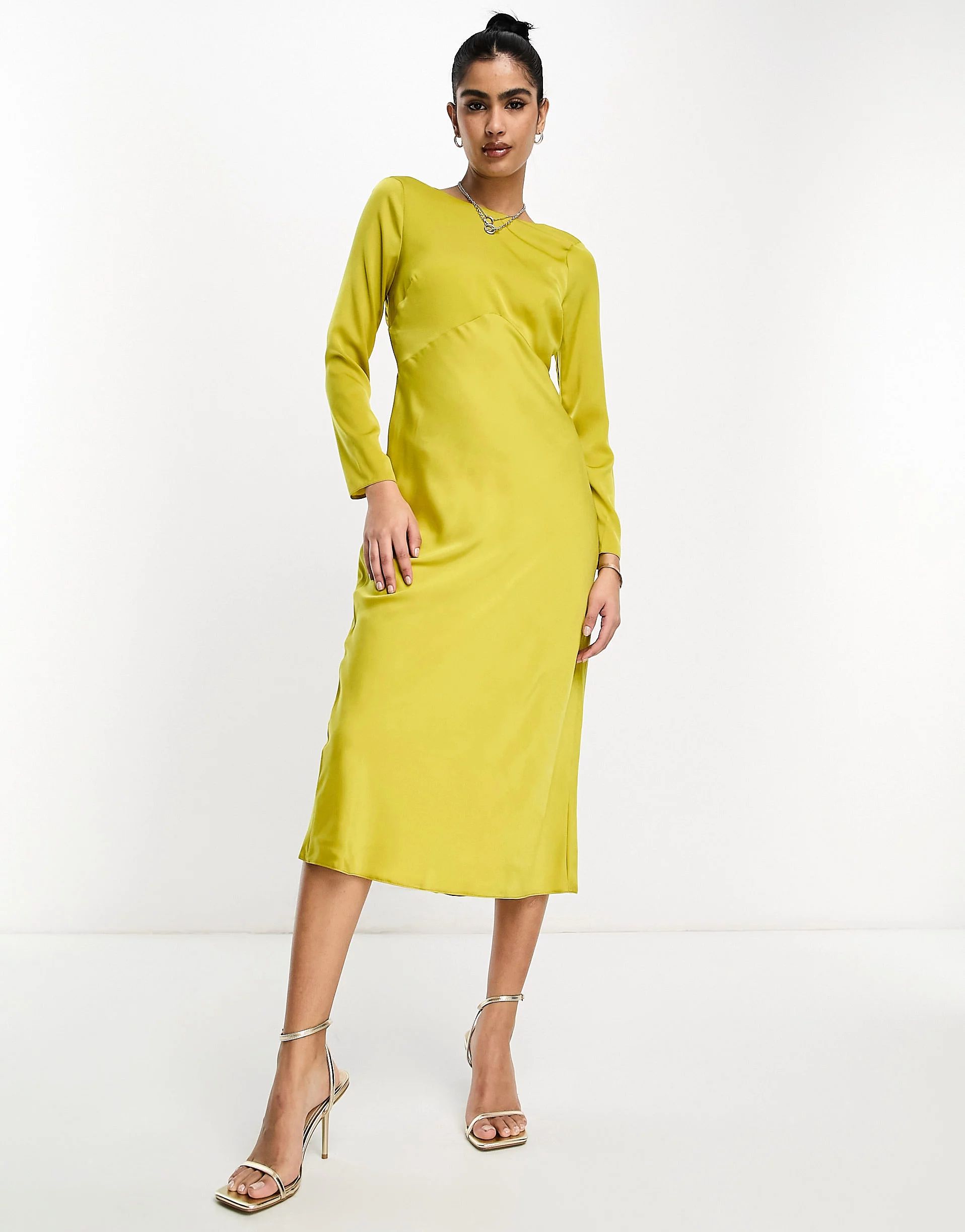 ASOS DESIGN satin long sleeve maxi dress with drawstring back in olive | ASOS (Global)