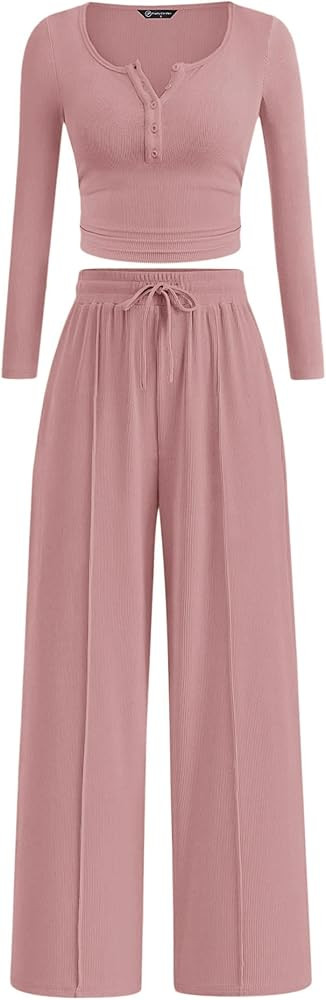 PRETTYGARDEN Women's 2026 Fall Trendy 2 Piece Outfits Lounge Sets Long Sleeve Top Henley Shirts W... | Amazon (US)