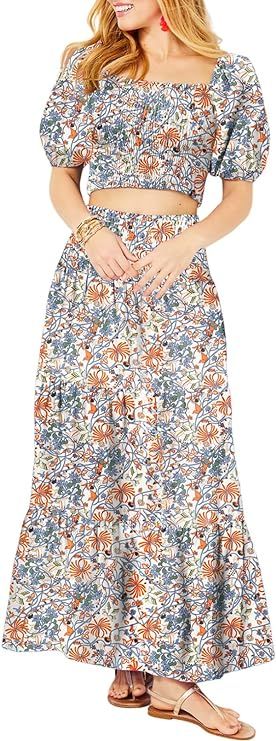 Dokotoo Summer Dresses for Women 2024 Vacation Outfits Square Neck Smocked Tops and Maxi Skirt Dr... | Amazon (US)