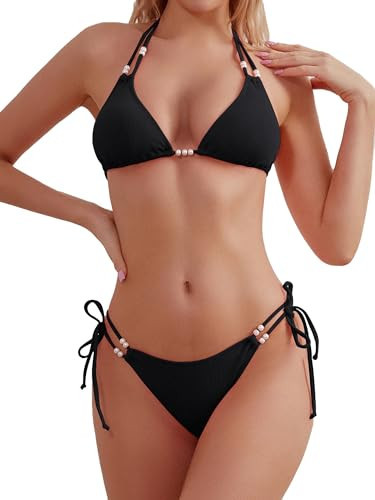 TASHEHE Women's Triangle String Bikini Set Sexy Tie Side Two Piece Swimsuit Cute Halter Bathing Suit - Black - Medium | Amazon (US)