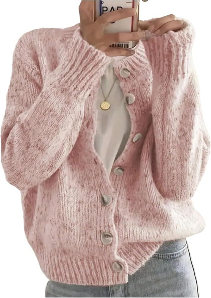 WDIRARA Women's Button Down Cardigan Sweaters Crewneck Long Sleeve Knit Outerwear Casual Knitwear | Amazon (US)