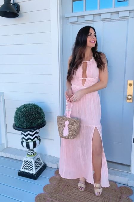 Pastel pink maxi dress perfect for a beach or resort getaway! On sale and fit tts  

#LTKunder100 #LTKtravel #LTKsalealert