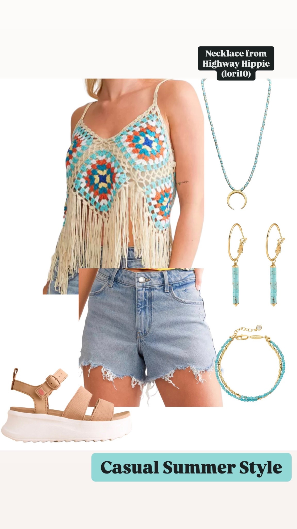 Casual summer style! Crochet top paired with denim shorts and turquoise gold jewelry! Can’t link the necklace but it’s from Highway hippie! Code “lori10” to save!

#LTKStyleTip #LTKFestival