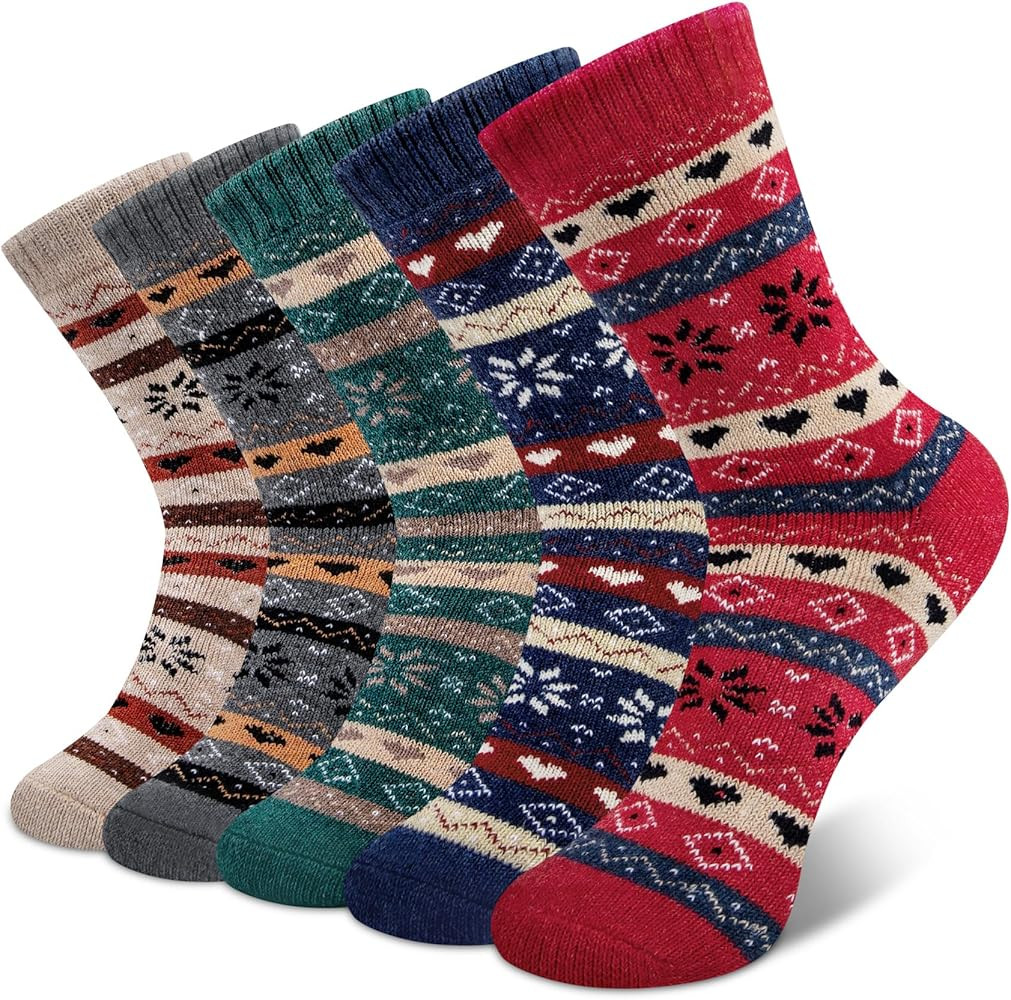 YSense 5 Pairs Womens Wool Socks Thick Knit Warm Winter Socks Cozy Comfy Socks Gifts for Women | Amazon (US)