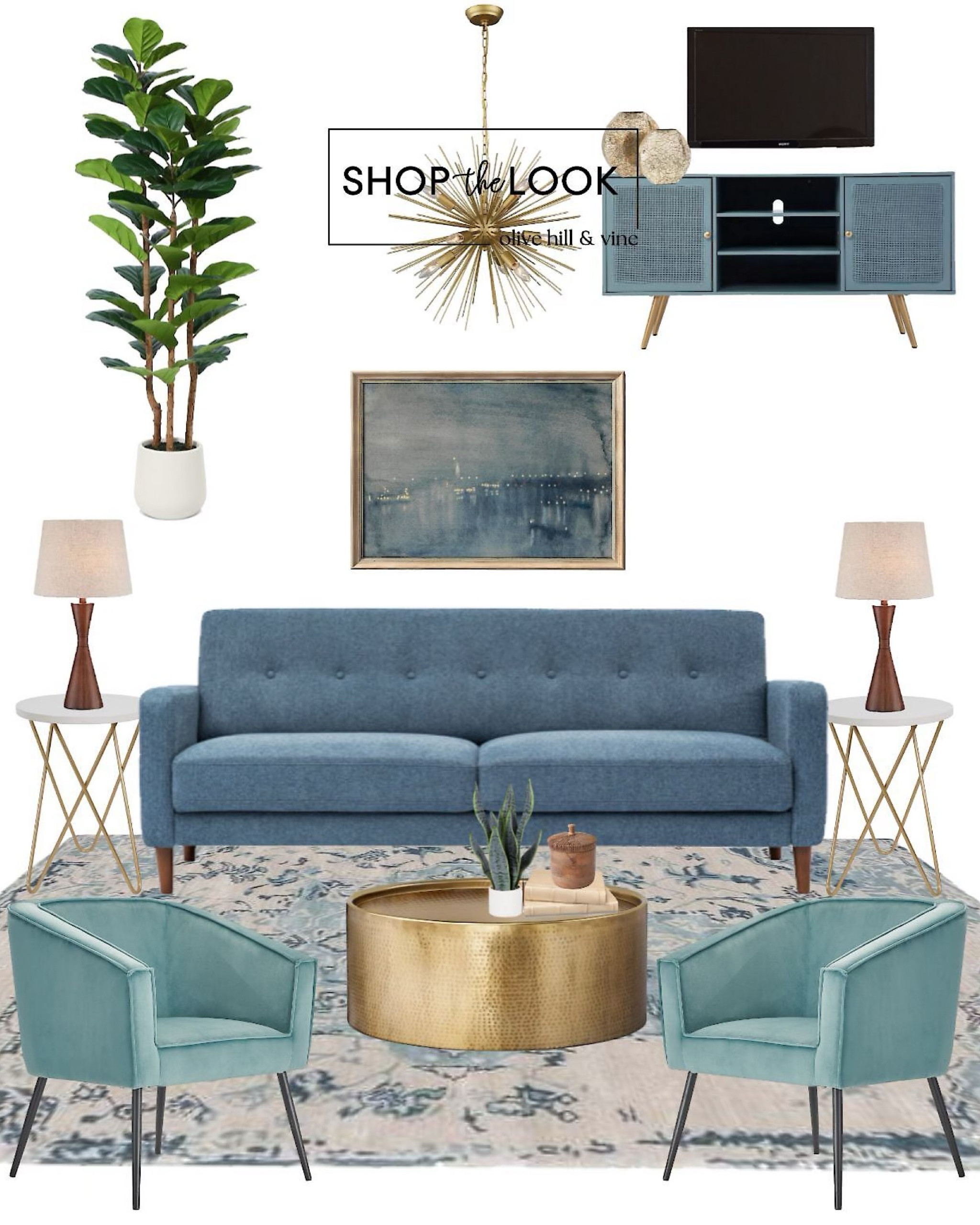 Dive into a monochromatic blue haven where mid-century meets modern flair! The blue linen tufted sofa pairs with a sleek armchair, while gold accents—like a hammered drum coffee table and sputnik pendant light—add warmth. Complete the look with mosaic vases, a skyline painting, and a cozy area rug. 

#LTKHome #LTKStyleTip #LTKFamily