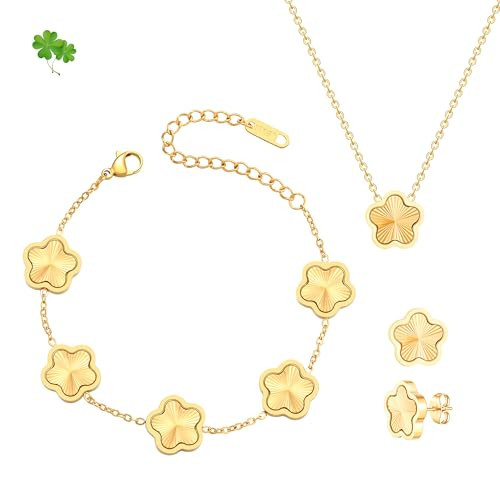 FUNIO 18K Gold Plated Clover Bracelet for Women - Four Leaf Flower Lucky 4 Leaf Link Bracelet Jewelry Gift for Women Van Cleef (Gold(necklace+bracelet+earrings)) | Amazon (US)