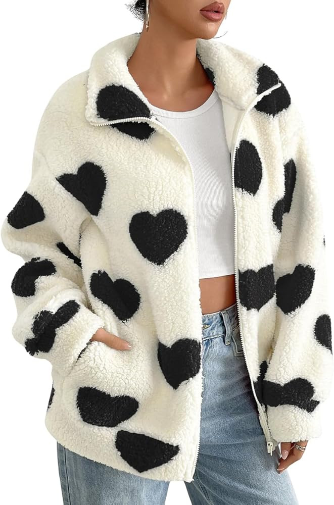 Heart Sherpa Jacket Women,Casual Zip Up Fuzzy Fleece Jackets,Cute Valentines Winter Coat With Poc... | Amazon (US)