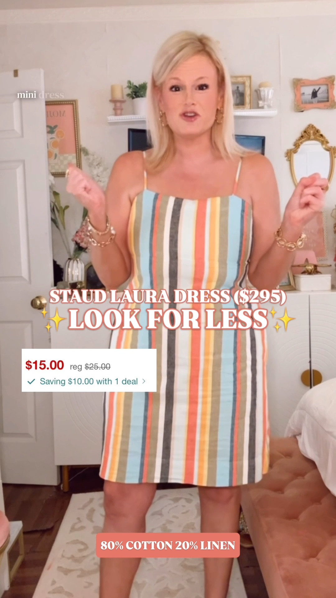 Target Circle deal today: this Staud Laura Dress look for less is only $15 for Target Circle members.

The Staud Laura Dress in Market Stripe is $295. Target’s version has the same colorful vertical stripe moment for a fraction of the price, and today’s Circle price makes the math almost rude.

I’m in a medium. True to size, maybe a little generous. If you’re between sizes, go down.

80% cotton, 20% linen with a 100% cotton lining. The square neckline, slim adjustable straps, straight mini shift silhouette, elasticized back, keyhole detail, side pocket, and colorful market stripe print give it that polished summer dress look. 

This has been a best seller for a reason: it looks like a designer vacation mini, but it’s Target. Wear it with gold sandals, raffia slides, pearl earrings, a white button down, flat sandals, a woven bag, or simple summer jewelry.

Strong for vacation outfits, beach dinners, resort lunches, summer brunch, date night outfits, casual wedding guest outfits, lake weekends, patio dinners, coastal shopping days, travel outfits, and every summer plan where a colorful striped mini makes sense.

Staud Laura Dress look for less, Staud Laura Dress dupe, Staud Market Stripe look for less, Staud inspired dress, Target Circle deal, Target Circle sale, Target linen dress, Target dress, Target mini dress, Target fashion finds, Target style, Target finds, striped mini dress, colorful striped dress, cotton linen dress, linen mini dress, square neck dress, adjustable strap dress, summer dress, summer dresses women, vacation dress, beach vacation outfit, resort outfit, date night dress, casual wedding guest dress, designer look for less

#LTKFindsUnder50 #TargetStyle #TargetFinds #Staud #LookForLess #SummerDress #SummerOutfits

#LTKSeasonal #LTKSaleAlert #LTKootd