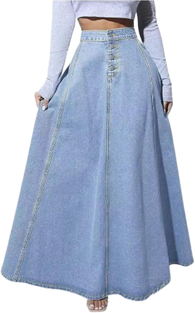 Women's Retro Flared Long Jean Skirt-High Waist Button Front, Pleated Flowy Swing Maxi Skirt in C... | Amazon (US)