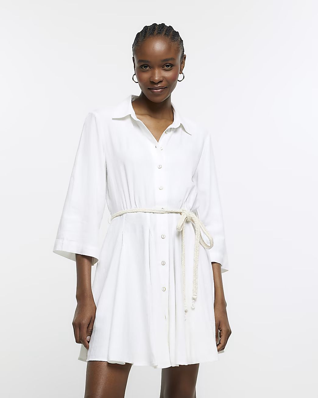 White belted mini shirt dress with linen | River Island (UK & IE)