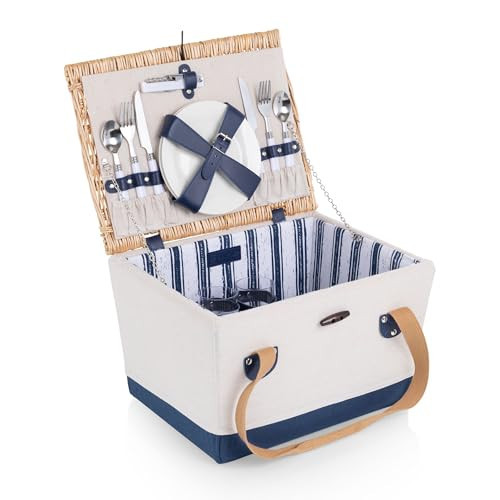 PICNIC TIME Boardwalk Picnic Basket for 2, Romantic Vintage English-Style Wooden Basket, Complete Deluxe Service for Two with Durable Canvas and Handwoven Lid, (Beige Canvas with Navy Blue Accents) | Amazon (US)