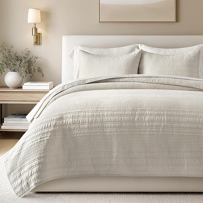 100% Cotton Modern Lines Quilt Set King Size, Pre-Washed Soft Striped Coverlet Bedspread, 3 Piece... | Amazon (US)