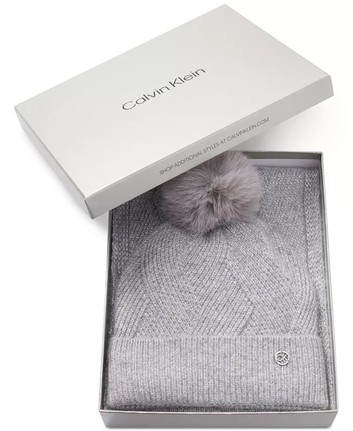 Calvin Klein Women's Pom Pom Beanie & Scarf Boxed Gift Set - Macy's | Macy's