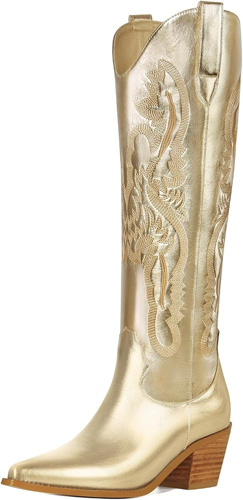 Ouepiano Women's Cowboy Boots Embroidered Western Knee High Boots, Pointed Toe Chunky Heel Pull o... | Amazon (US)