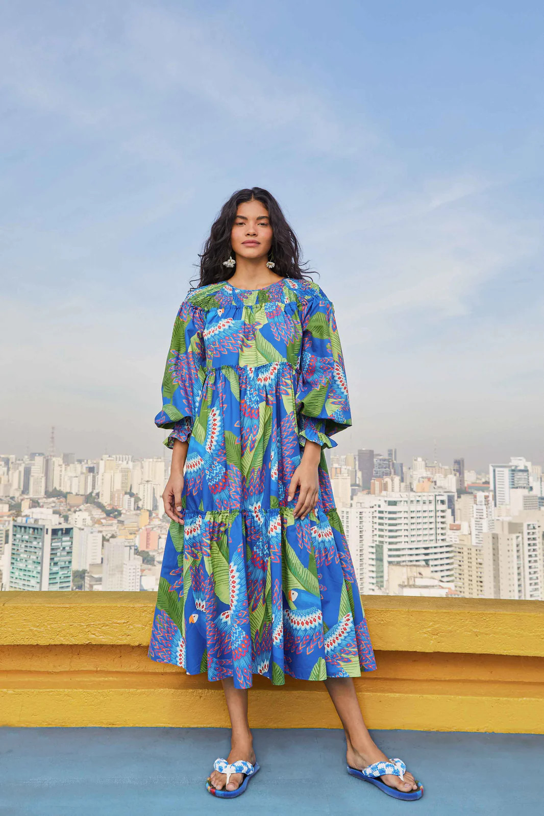 Blue Macaw Long Sleeve Midi Dress | FarmRio (US)