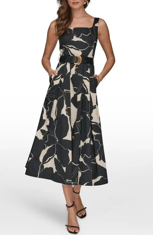 Donna Karan New York Belted Fit & Flare Midi Dress in Black/Parchment at Nordstrom, Size 10 | Nordstrom