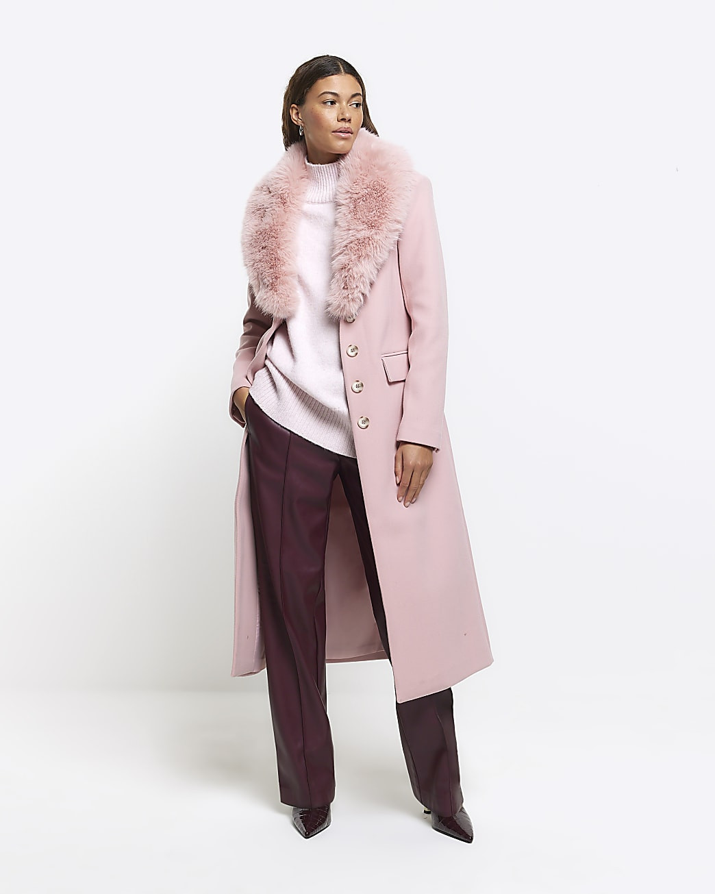 Pink Faux Fur Collar Longline Coat | River Island UK & IE