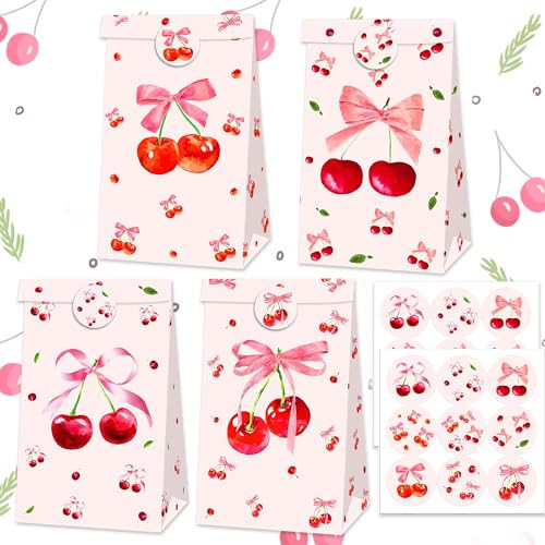 12 PCS Cherry Party Favors Goodie Bags with Stickers Cherry On the Top Small Candy Gift Bags Box Coquette Bridal Shower Baby Shower Birthday Party Supplies | Amazon (US)