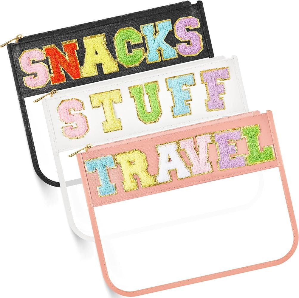 3 Pcs Chenille Letter Clear Zipper Pouch for Travel Waterproof Cosmetic Pouch Clear Snack Bags Ny... | Amazon (US)