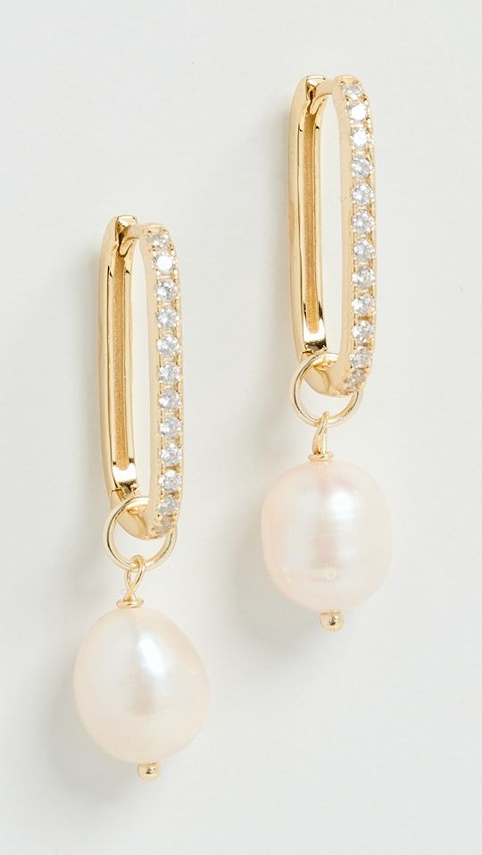 Pave Oval Shape Dangling Pearl Huggies | Shopbop