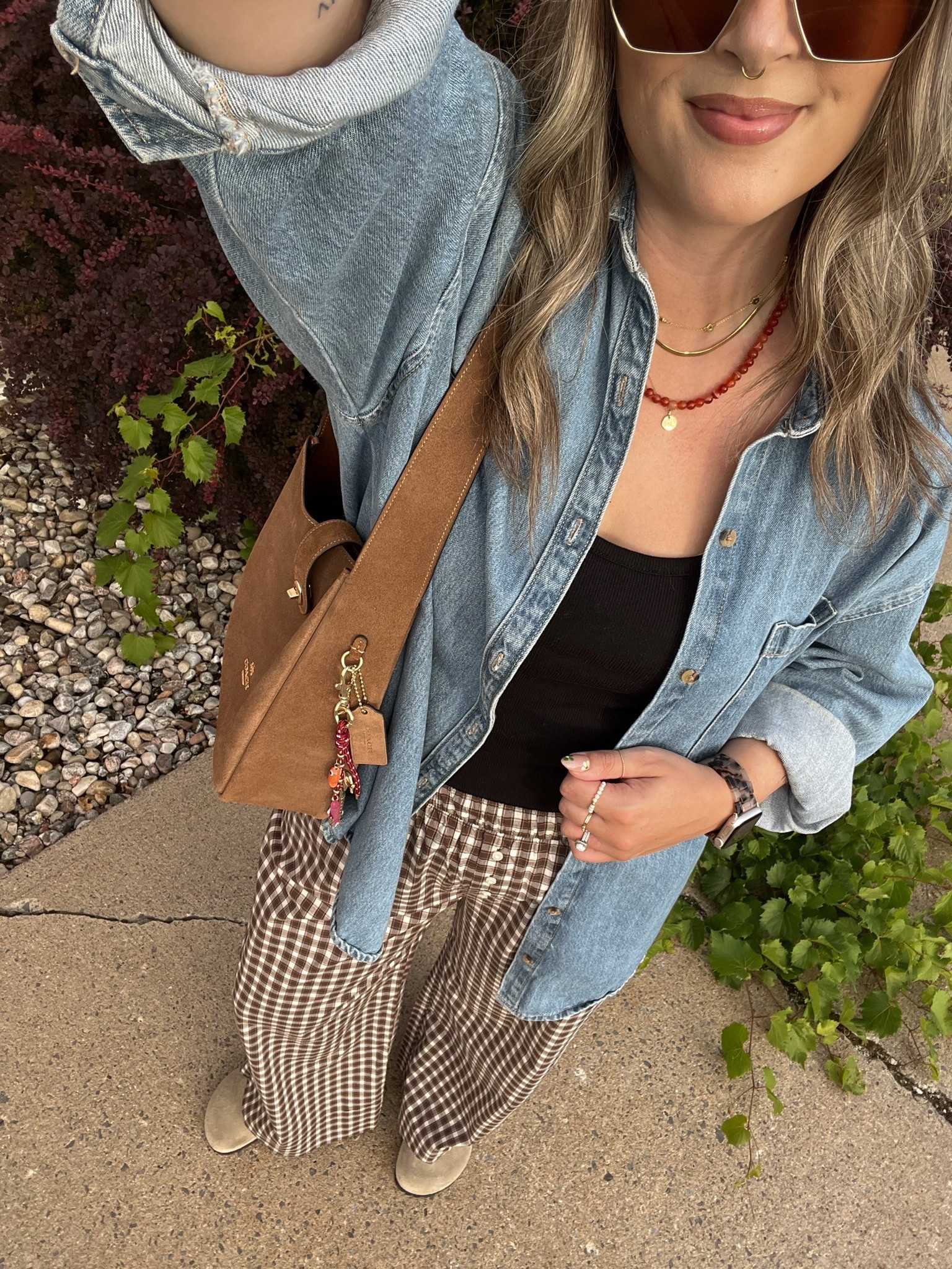 Early fall ootd! Plaid pants are so comfy & lightweight, wearing M. Wearing L in the basic black tank, should have done M. Also wearing L in the denim shirt - one of my most worn closet staples! Canadian Old Navy links are under “similar products”. I’m a 9.5-10 shoe and wear a 40 in the Birkenstock clogs

#LTKfall #LTKmidsize #LTKsale