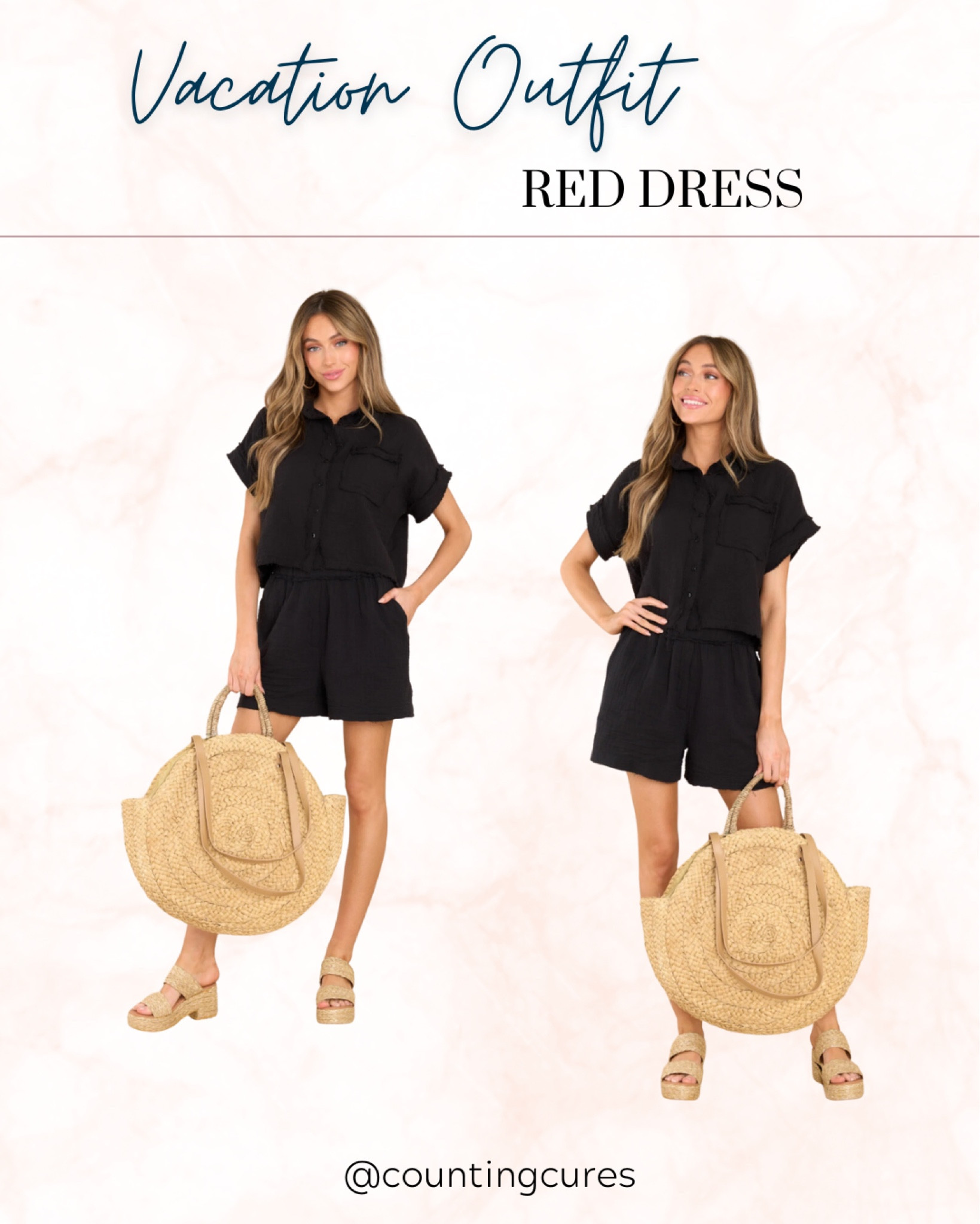 Vacation outfit idea: black coordinates set, platform sandals, and round straw bag!

#beachoutfit #outfitinspo #nudesandals #resortwear

#LTKU #LTKSeasonal #LTKstyletip