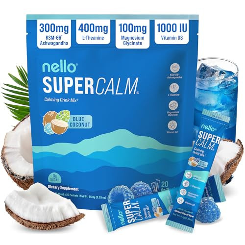 Nello Supercalm Drink Mix with Magnesium Glycinate, KSM 66 Ashwagandha, Vitamin D3 and L Theanine, Calm Powder Supplements for Relaxation Support, No Sugar, Travel Packets, 20 Ct, Blue Coconut | Amazon (US)